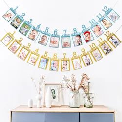 Happy Birthday 12 Month Photo Frame Banner for baby shower Boy girl 1st First Birthday Family Party Decoration Supplies