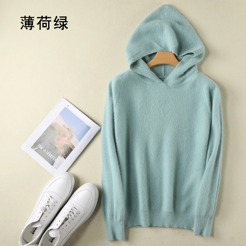 SZDYQH Spring Winter 100% Mink Cashmere Sweater Women Knitted Pullovers Hooded Warm Lady\'s Grade Up Jumpers Soft Warm Tops