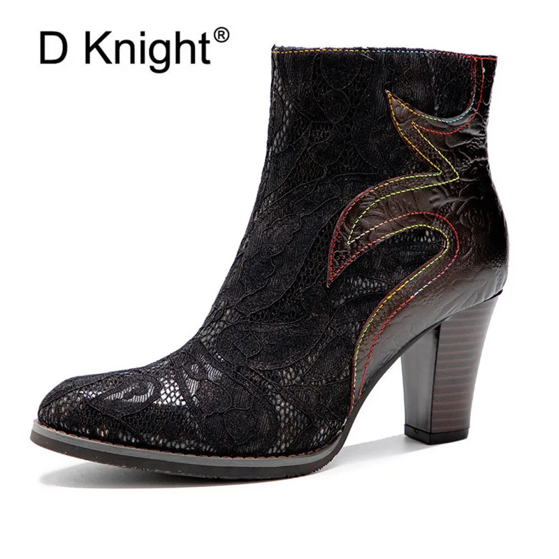 

Runway High Top Boots For Women Genuine Leather Embroidery Chunky High Heel Shoes Ankle Botas Elegant Spring Autumn Short Boots