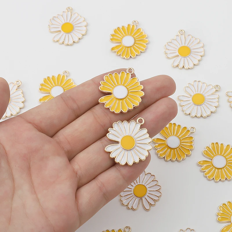 

10Pcs 25*28mm Yellow White Enamel Daisy Flower Charms For DIY Bracelet Earring Necklace Pendants Alloy Jewelry Making Findings