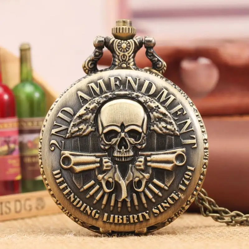 Antique Bronze Gun Skull DEFENDING LIBERTY SINCE 1791 2nd AMENDMENT MILITARY Quartz Necklace Pocket Watch Pendant Gifts for Men