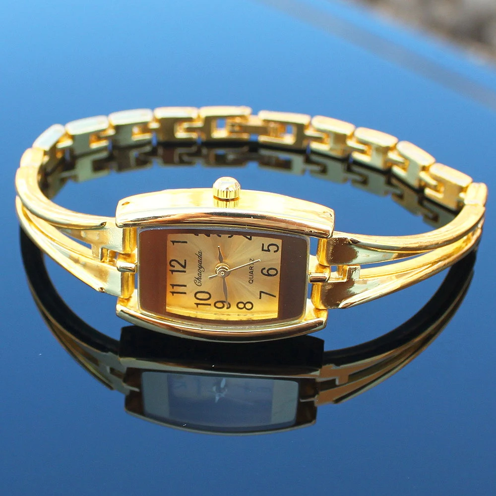 Fashion Crystal Silver Gold Lady Women Girl Stainless Steel Strap Quartz Analog Dress Wristwatch