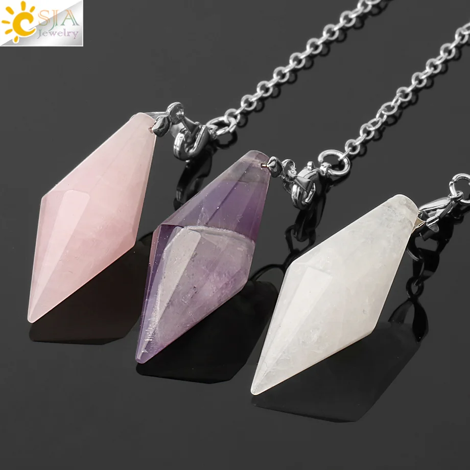 CSJA Natural Stones Pendulum for Dowsing Faceted Polygon Healing Pointed Crystal Pyramid Pendants Amulet Divination Pendule G418