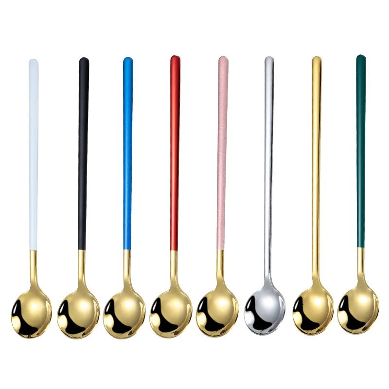 17cm Long Handle Stainless Steel Stirring Teaspoons Round Head Small Coffee Dessert Ice Cream Mixing Spoon Kitchen Tableware