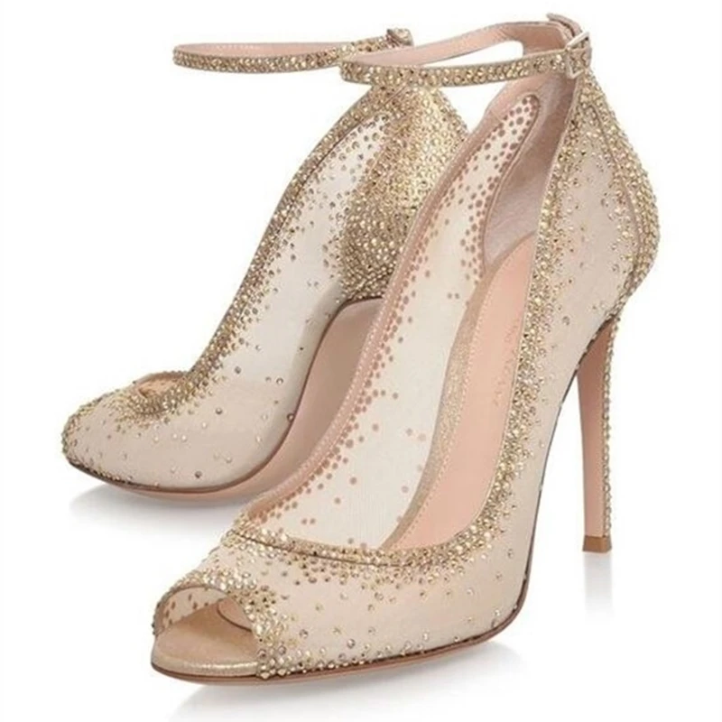 

Extremely Stunning Pumps Crystal Decor Bling Bling Wedding Shoes High Heel Rhinestone Woman Dress Party Shoes Gold Mesh