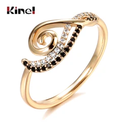 Kinel Fashion Waves Rings for Women 585 Rose Gold Natural Black Zircon Ring Luxury Vintage Wedding Jewelry