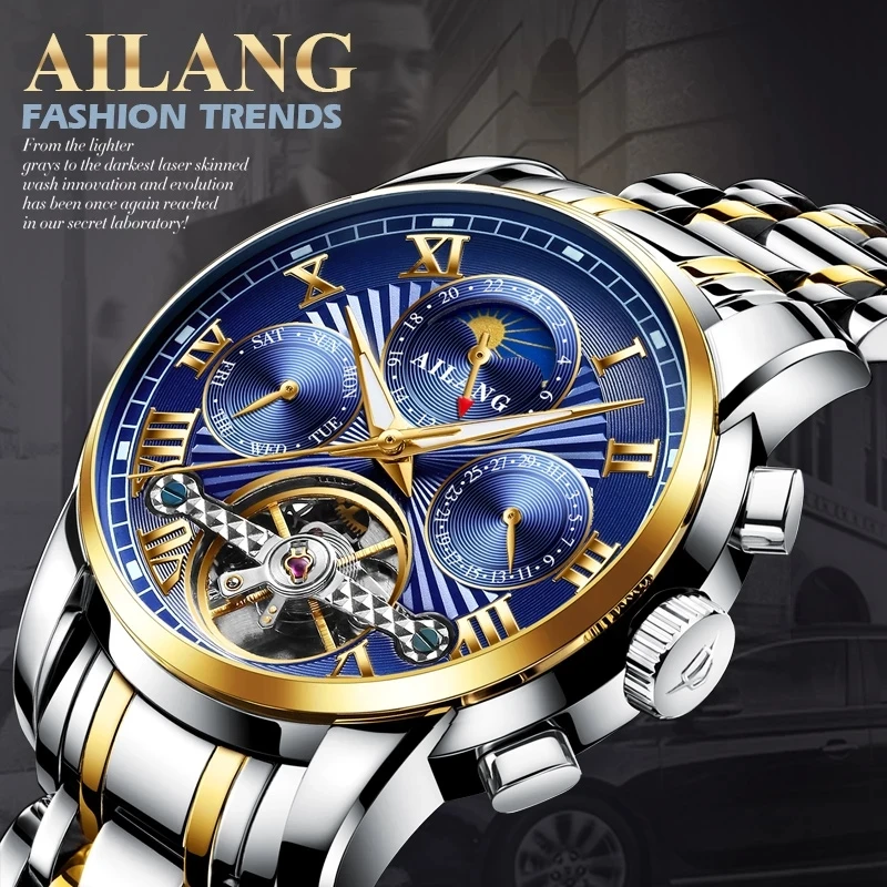 AILANG Top Brand Fashion Business Tourbillon Stainless Steel Mens Wristwatches Automatic Mechanical Waterproof Watch Men Watches