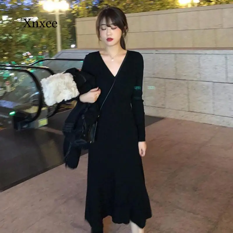 

Women Sweater Dress Winter Ol Style A-Line Midi Winter Thick Knit Dresses Female Slim Waist Bottoming