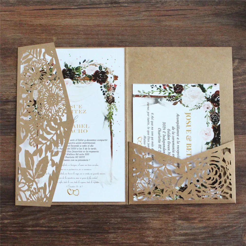 

Craft Paper Wedding Invitation Card Rural Leaf Hollow Design Custom Inserts Printing Multi Colors Weeding Supply