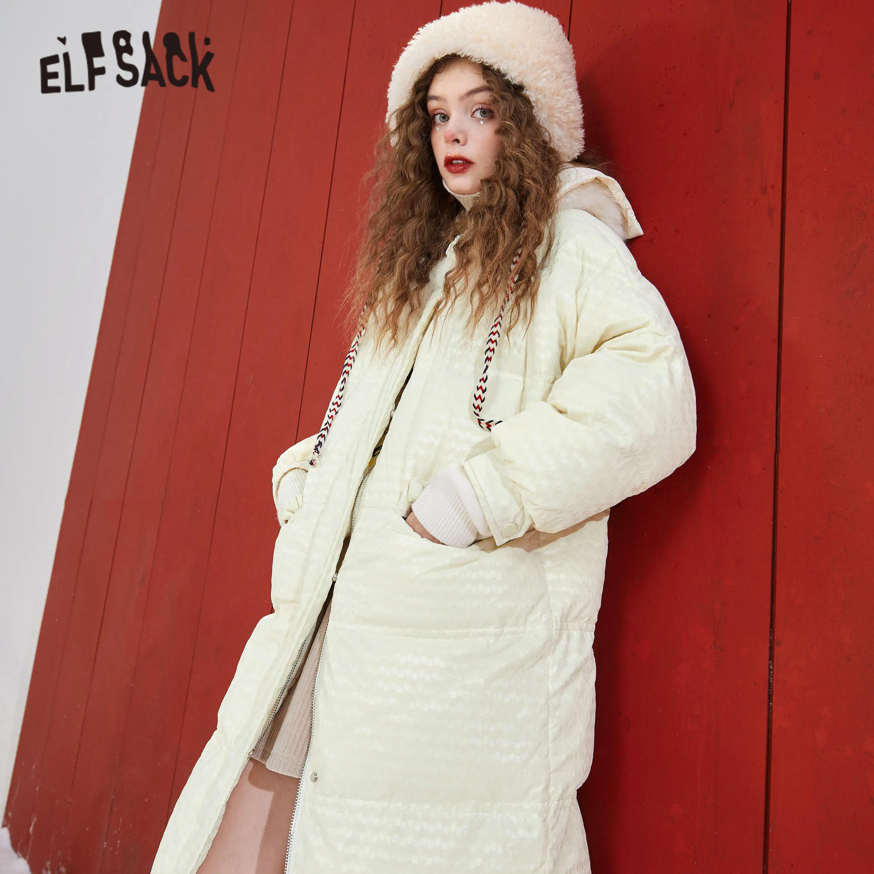 ELFSACK Solid Pure Oversize 90% White Duck Down Coat Women,2021 Winter Ladies Korean Daily Warmness Outwear