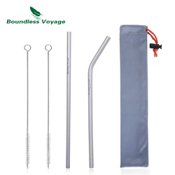 Boundless Voyage Titanium Straw with Cleaning Brush Straight Curved Reusable Drinking Straw Water Flatware for Coffee Tea Yogurt