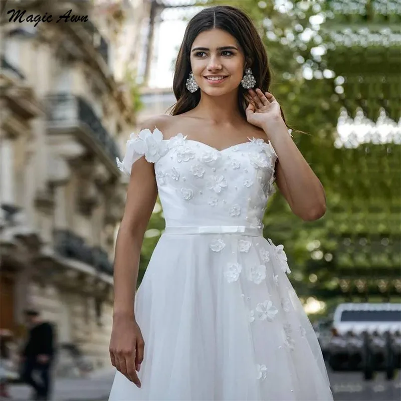 Mágica awn vestidos de casamento com pérolas, ombro vazado, florais 3d, boho, festa de casamento, rendas, costas nuas