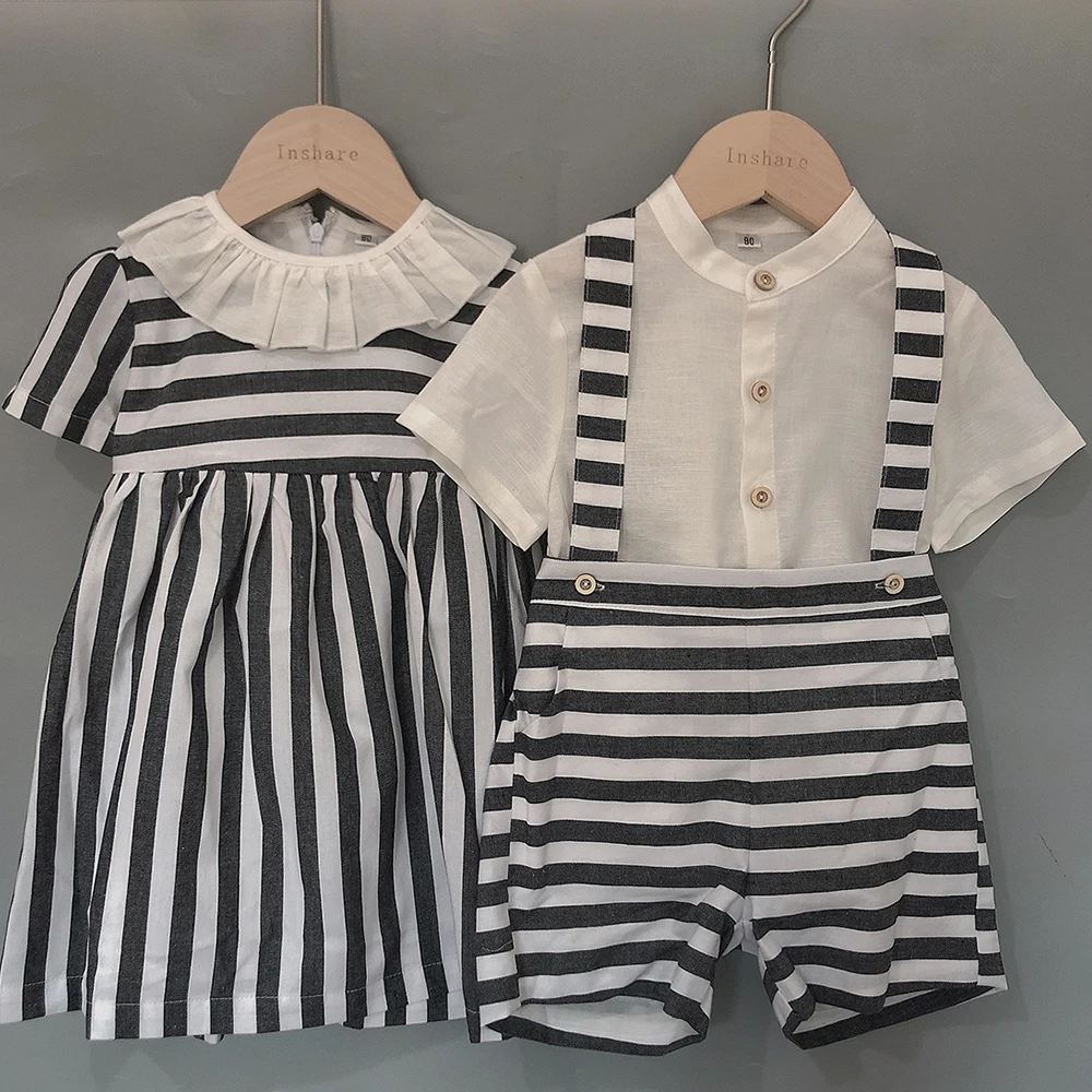 

Children Boutique Clothing Set Custom Black White Striped Cotton and Linen For Boys Girls Spanish Sister Brother Fashion Clothes