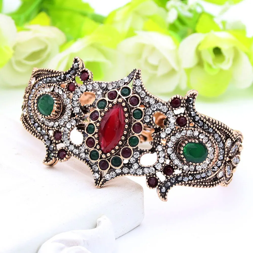 Sunspicems Retro Vintage Turkish Bracelet Bangles for Women Antique Gold Color Rhinestone Jewelry Bohemia Ethnic Wedding Bijoux