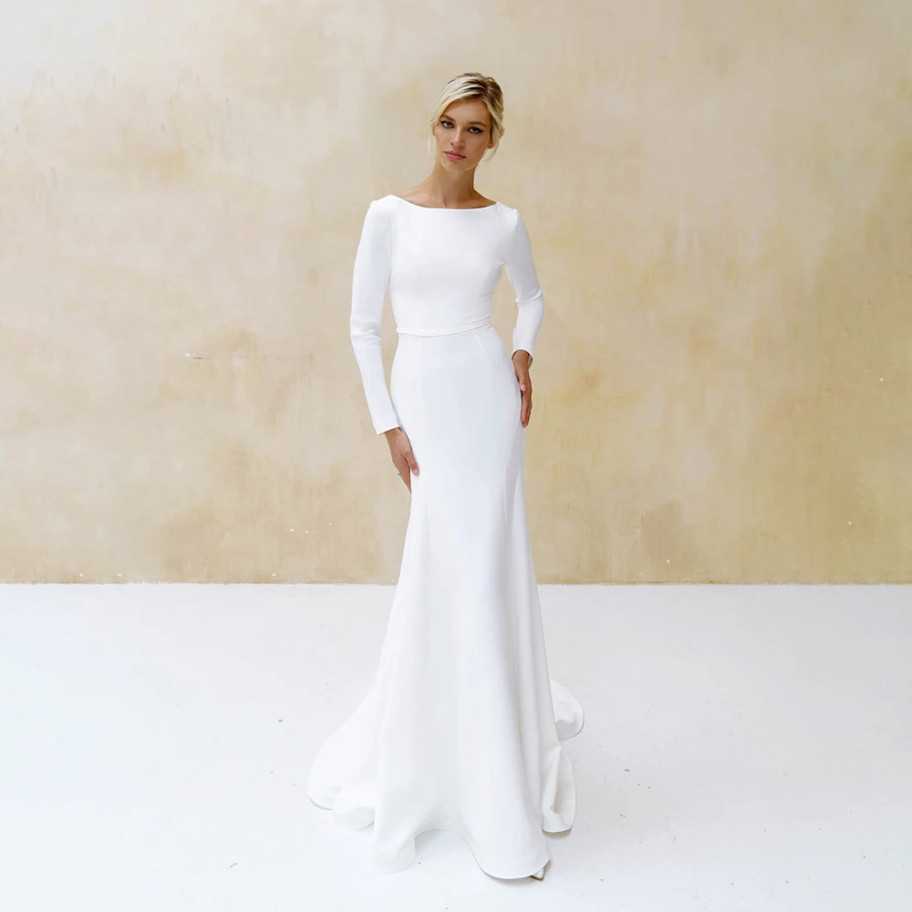 UETEEY Boot-ausschnitt Meerjungfrau Hochzeit Kleid Fleck Backless Langen Ärmeln Sweep Zug 2021 Braut Kleider Vestido De Noiva