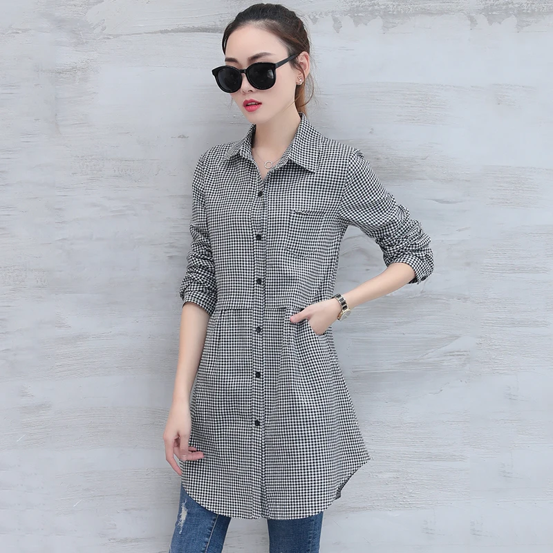 Women Shirts Korean Fashion Long Cotton Plaid Shirts Women Elegant Slim Long Sleeve Spring Autumn Office Ladies Plaid Shirts