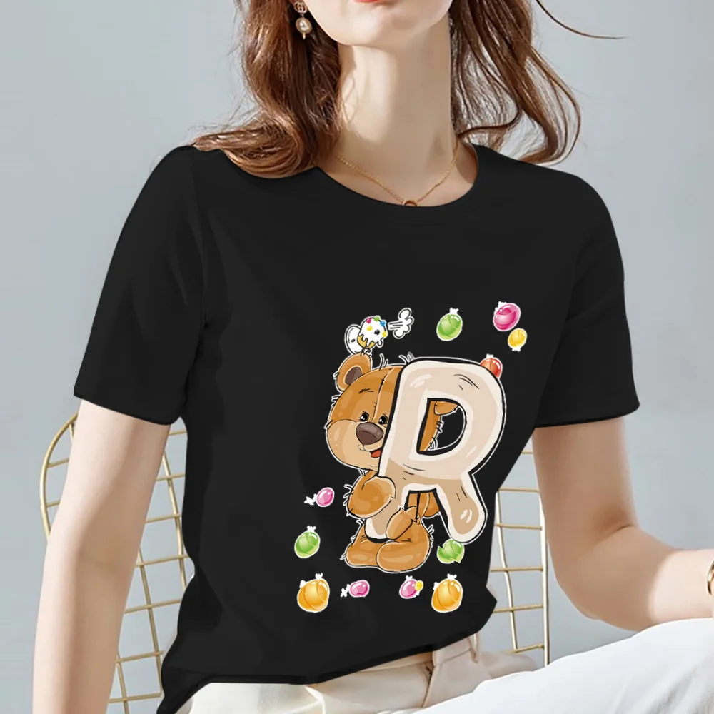 

Women's Clothing Basic Fashion Casual T-shirt Commuter Bear 26 Letter R Initial Name Printed Pattern O-neck Black Slim Soft Top