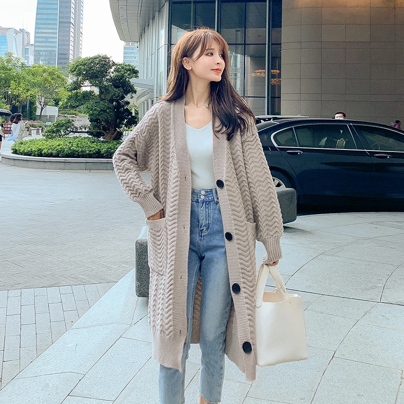 

Single-breasted Long Cardigan Women Sweater Female Korean V Neck Thick Knitting Winter Autumn Cardigan Sweater Woman Knitwear