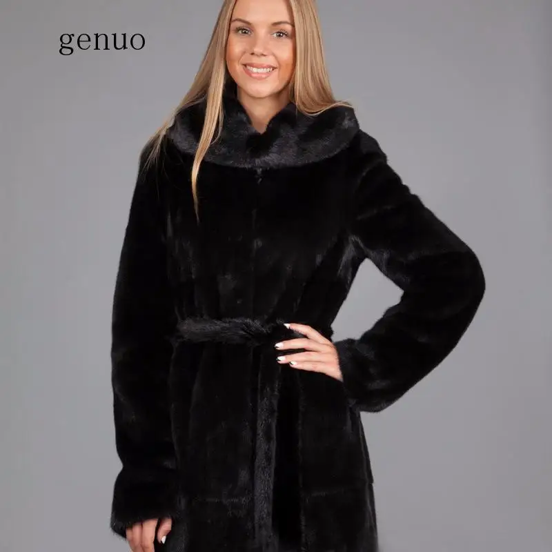 X-long Faux Fur Coat Mujeres Nuevo invierno ajustable cintura de manga larga Artificial Slim Mink abrigos de piel con capucha gruesa chaqueta