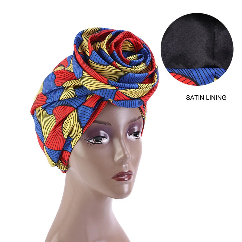 Boné de turbante forrado cetim feminino, flor grande, chapéu africano, envoltório estampado floral, lenço muçulmano, gorros femininos