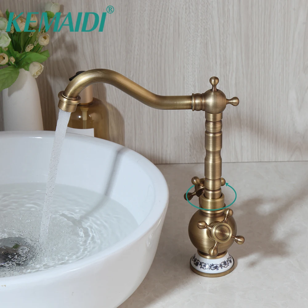 

KEMAIDI Bathroom Antique Brass Faucets 360 Swivel Spout Deck Mounted Mixer Double Handle Basin Sink Faucets Mixer Tap