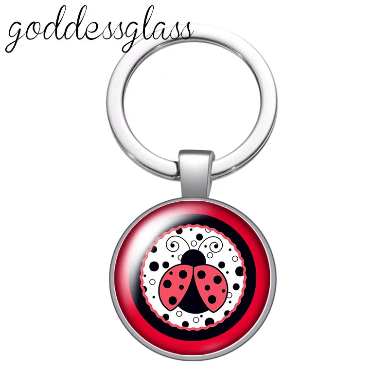 Cute Lovely Ladybug dots insect animals Round glass cabochon keychain Bag Car key chain Ring Holder Charms keychains for gift