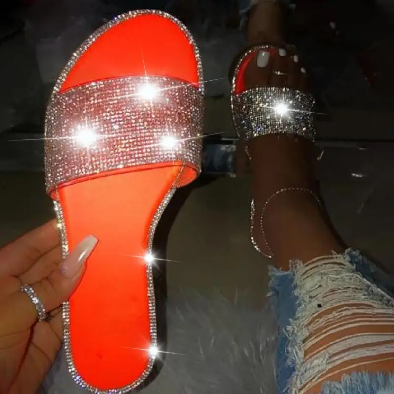 Glitter Slippers Women Summer Sandals 2021 Fashion Bling Female Candy Color Flip Flops Beach Diamond Flat Shoes Outdoor Sandals