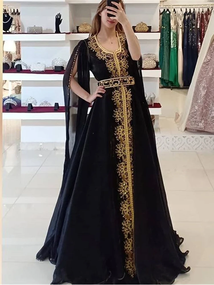 Lorie marroquino caftan preto vestidos de noite formal chiffon boné mangas formal rendas ouro apliques dubai vestidos de festa feitos sob encomenda