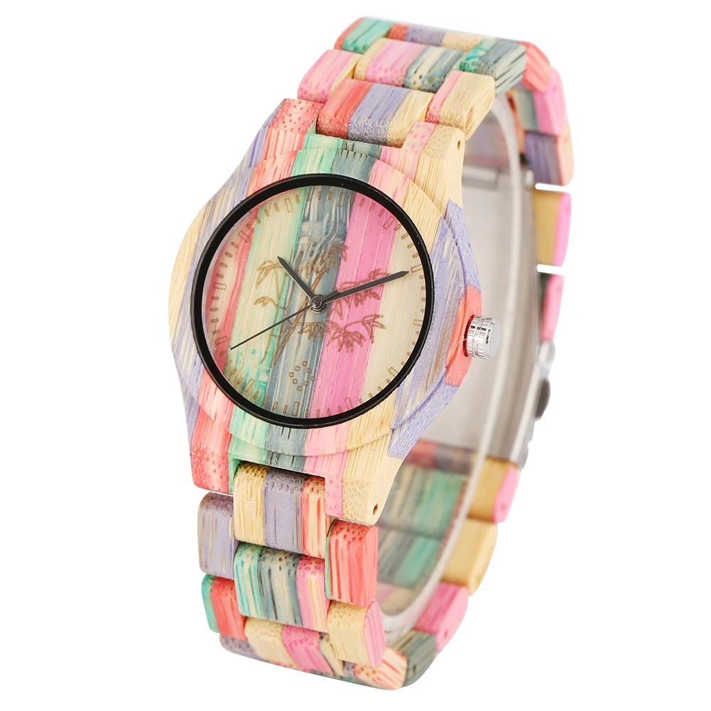 Quartz Wooden Watch for Women Bamboo Strap Wooden Watch for Men Unique Skeleton Pattern Dial Durable Colorful Band