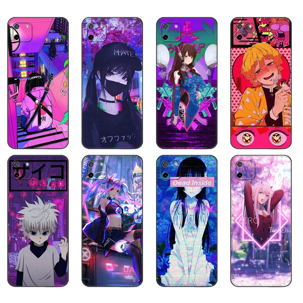 Black tpu Case For OPPO Realme C11 C20 C21 Case Back Cover BumperRMX2185 Case Cover Bumper Vaporwave Glitch Anime