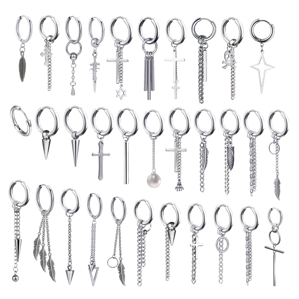 New Punk Stainless Steel Chain Hoop Earrings For Women Men 2023 Trendy Goth Pop Hip Hop Pendants Ear Jewelry Accessories Earring