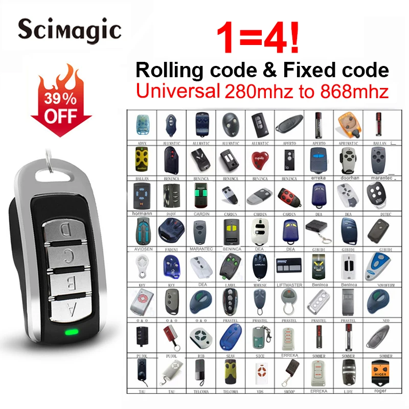Garagem Porta Controle Remoto, 4 em 1, Fixo Rolling Code Duplicator, Portão Opener, 287MHz a 868MHz, Grabber Código Multifrequency, 433MHz Opener