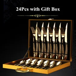 24Pcs Gold Plated Stainless Steel Dinnerware Set Dinner Knife Fork Cutlery Set With Gift Box Service For 6 Drop Shipping