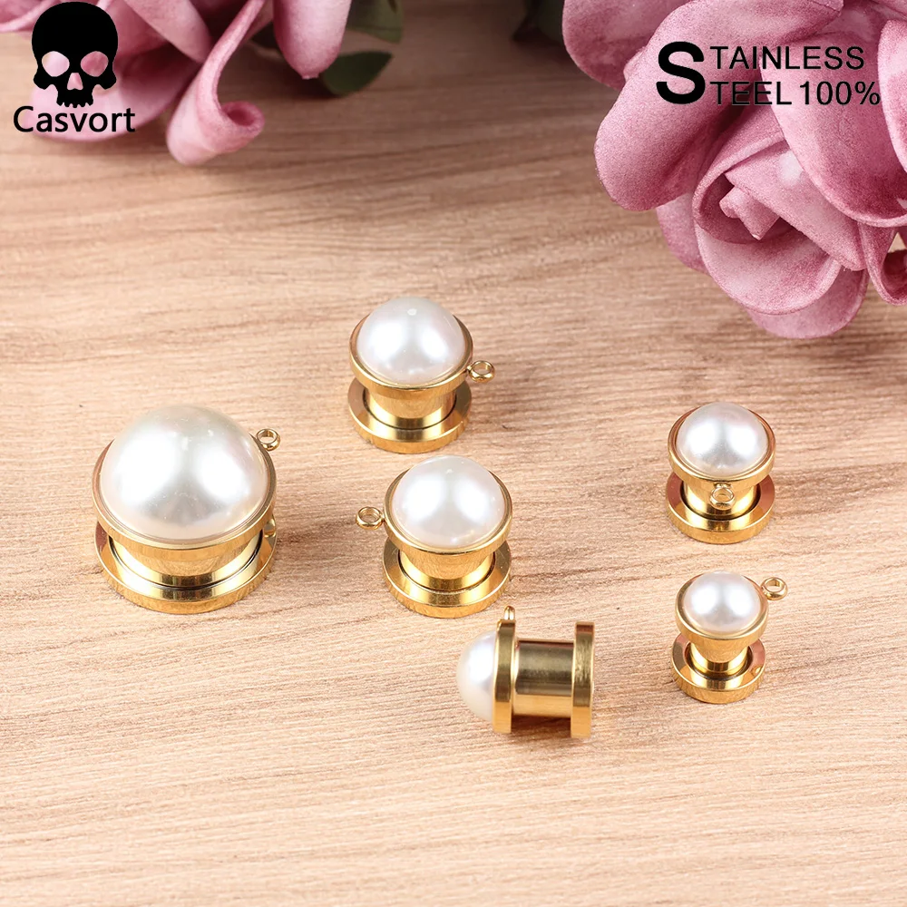 Casvort  2 PCS Pair Selling Stainless Steel Elegant Wedding Pearl Ear Piercing Ear Plugs Tunnels Body Piercing Jewelry