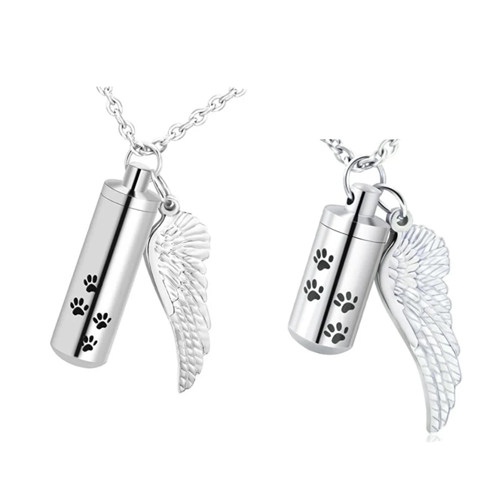 Cylinder Cremation Necklace for Dog Ashes Angel Wing Urn Necklace with Pet Paw Print Memorial Ashes Necklace for Dog/Cat