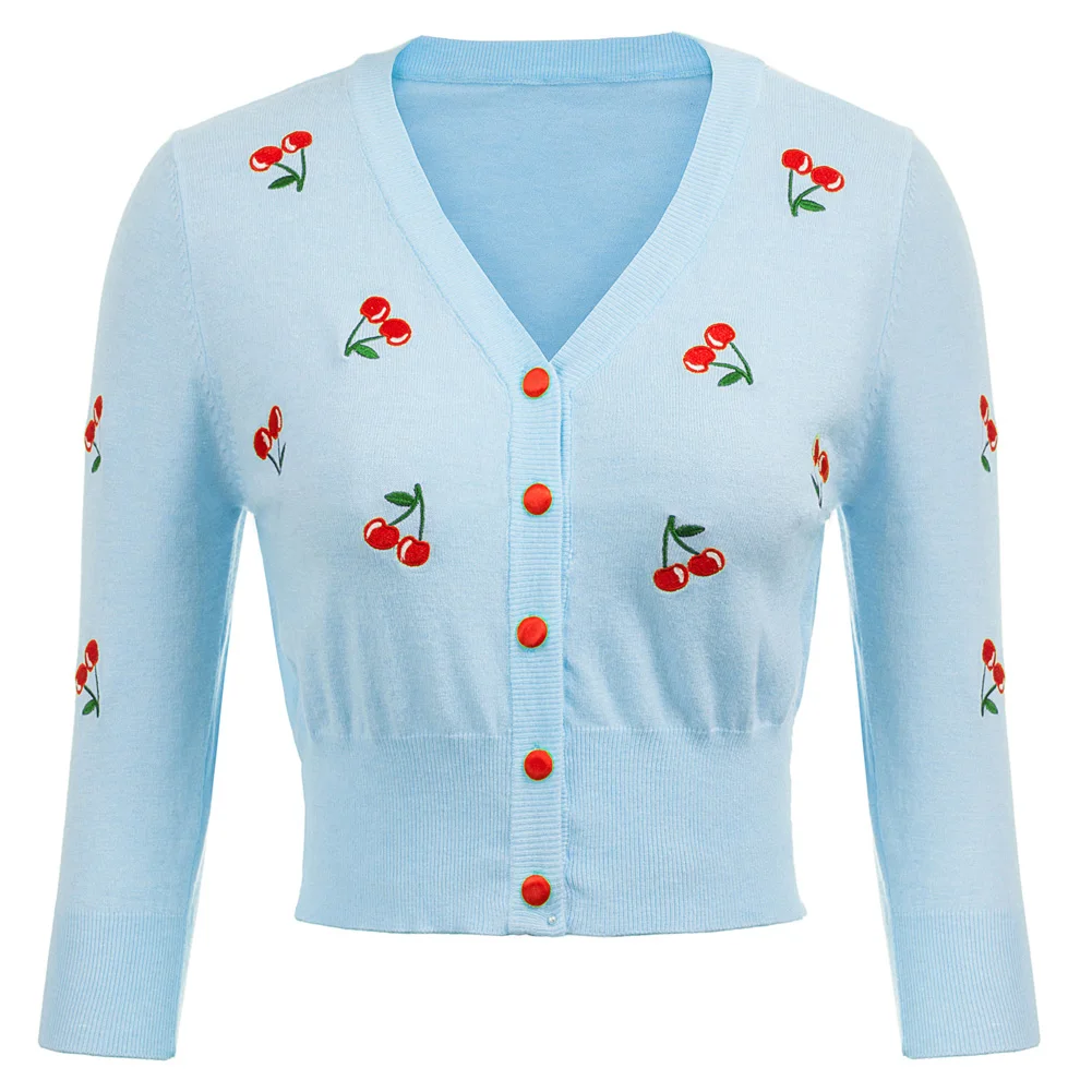 Belle Poque Women Jackets Cardigans Tops Autumn Spring Cherries Embroidery Jumpers 3/4 Sleeve V-Neck Cropped Knit Coats Knitwear