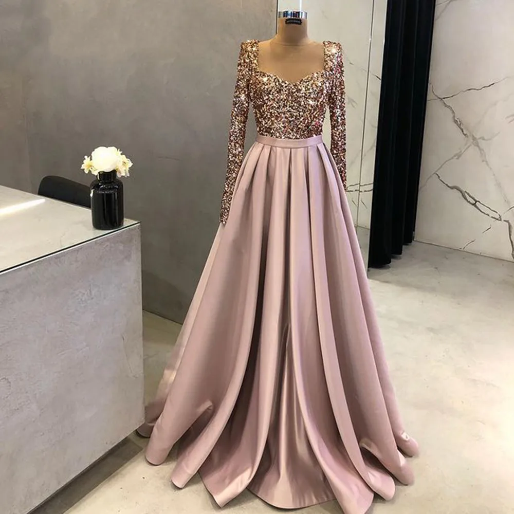 Vinca Sunny Luxury Pink paillettes abiti da sera per le donne manica lunga Sweetheart a-line Satin Wedding Prom Party Gowns 2024