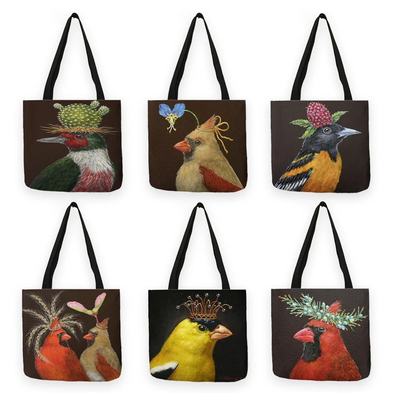 B13001 Creative Crown Birds Oil Painting Print Women Handbag Tote Bags Reusable Shopping Bags Shoulder Bag