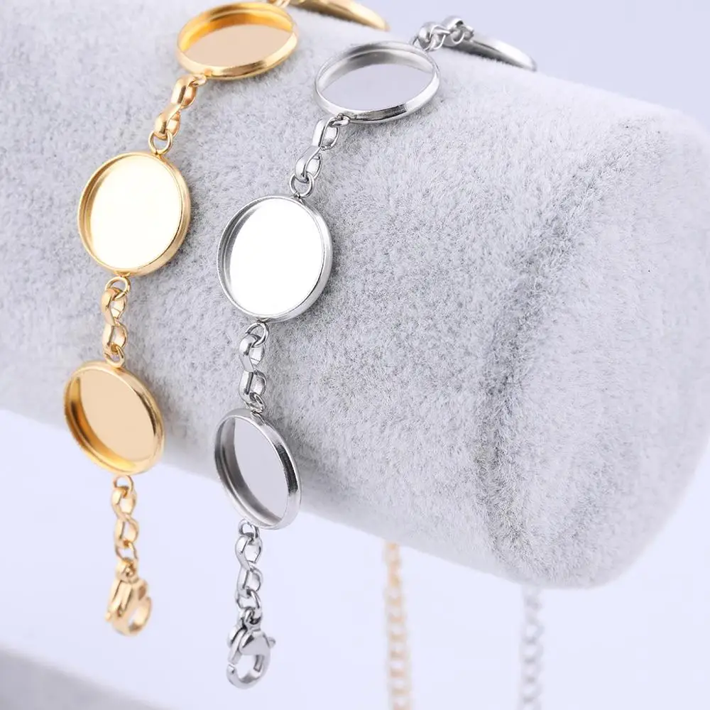 Pulsera de cabujón redonda chapada en oro de acero inoxidable, 2 piezas, 12mm, Base de ajuste, bandejas de bisel Diy para pulseras, fabricación de