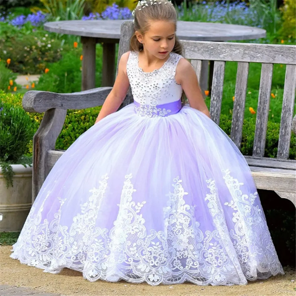 Vestidos da menina de flor renda appliqué frisado cinto casamento tule fofo menina aniversário princesa sem mangas meninas vestidos de festa