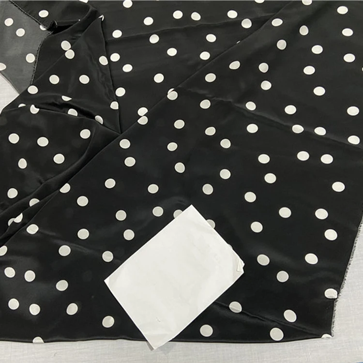 White polka dot on black pure silk crepe de chine silk fabric 16momme thickness,SCDC1312