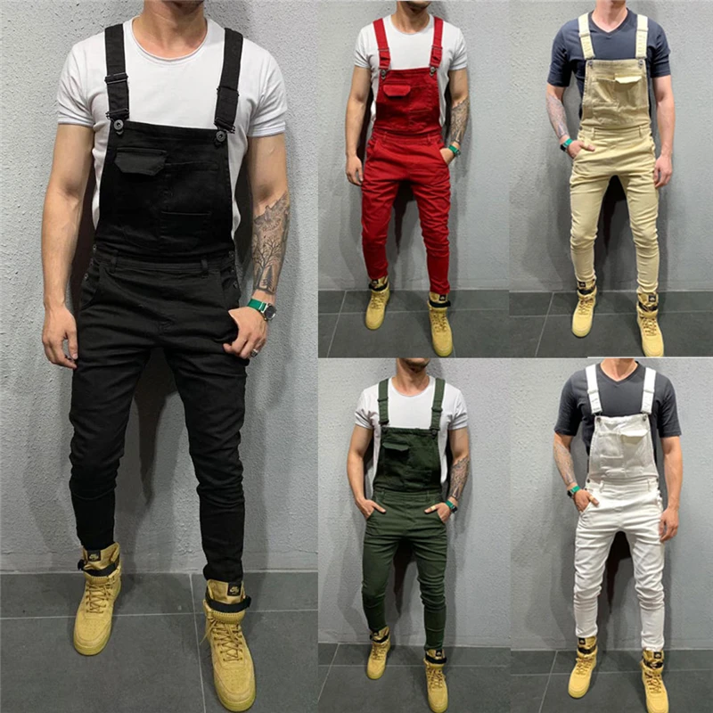 Fashion Men's Denim Jeans Dungarees Overalls Jumpsuit Slim Fit Suspenders Bib Pants Solid Trousers Jumpsuits