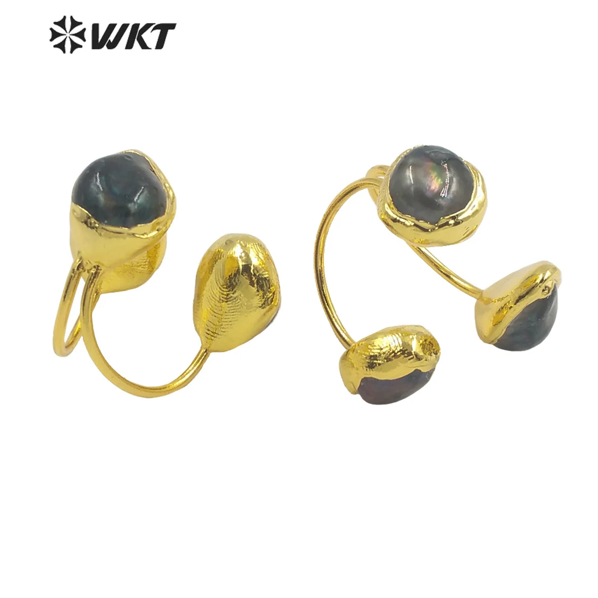 WT-MPR026 WKT Unique Style Natural Black Pearl Ring Three Ball Gold Plated Finger Rings Women's Jewelry Gift Accessories