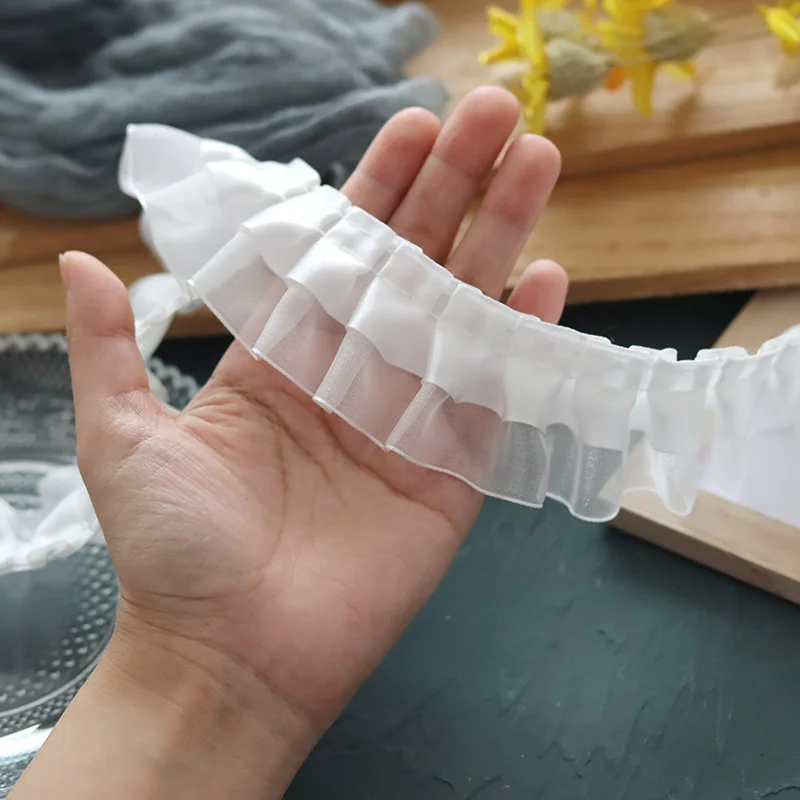 3CM szerokości podwójna warstwa Organza satyna 3d plisowane tkaniny koronki aplikacja zasłony sukienki kołnierz wykończone frędzlami DIY szycia