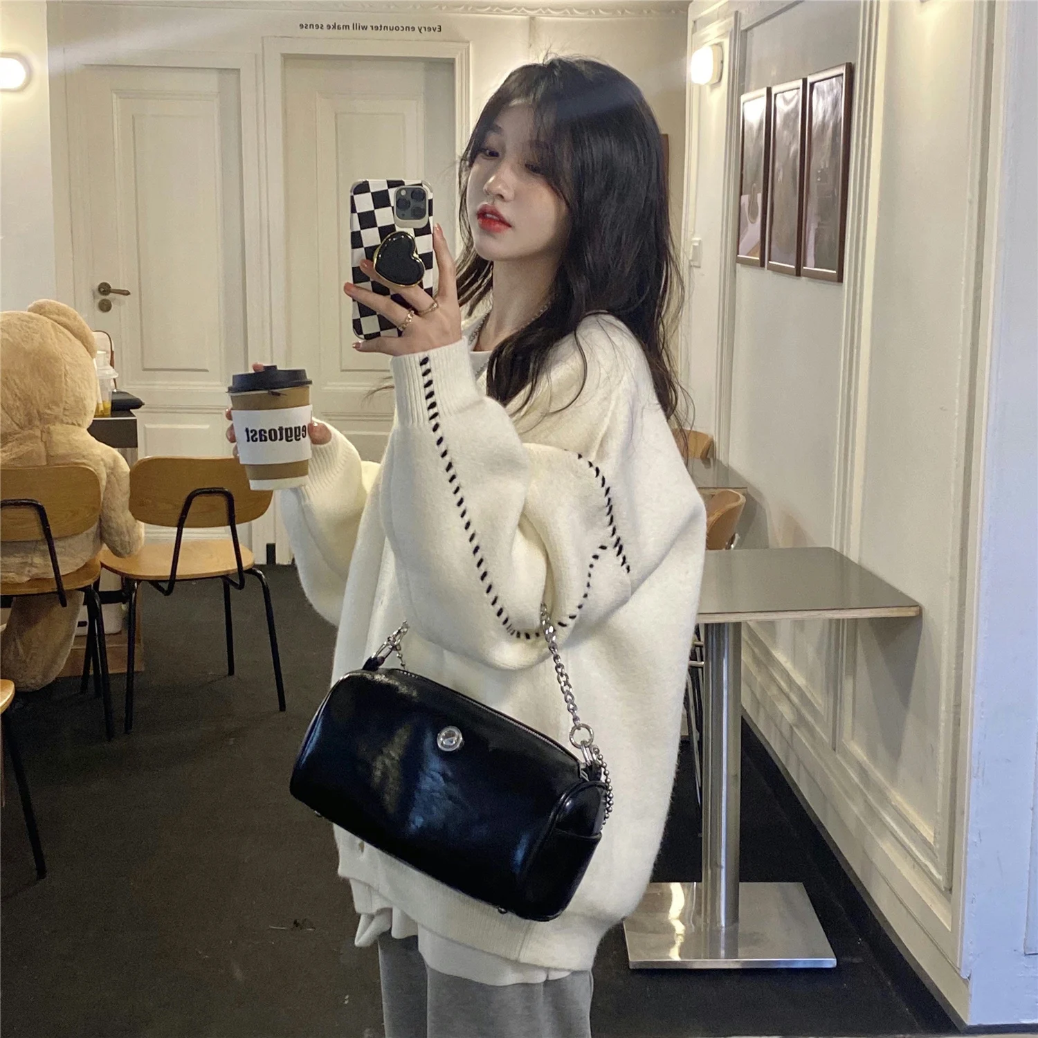 Autumn Winter Oversize Knitted Sweater Cardigan Women V Neck Single Breasted Knit Outerwear Female Solid Color