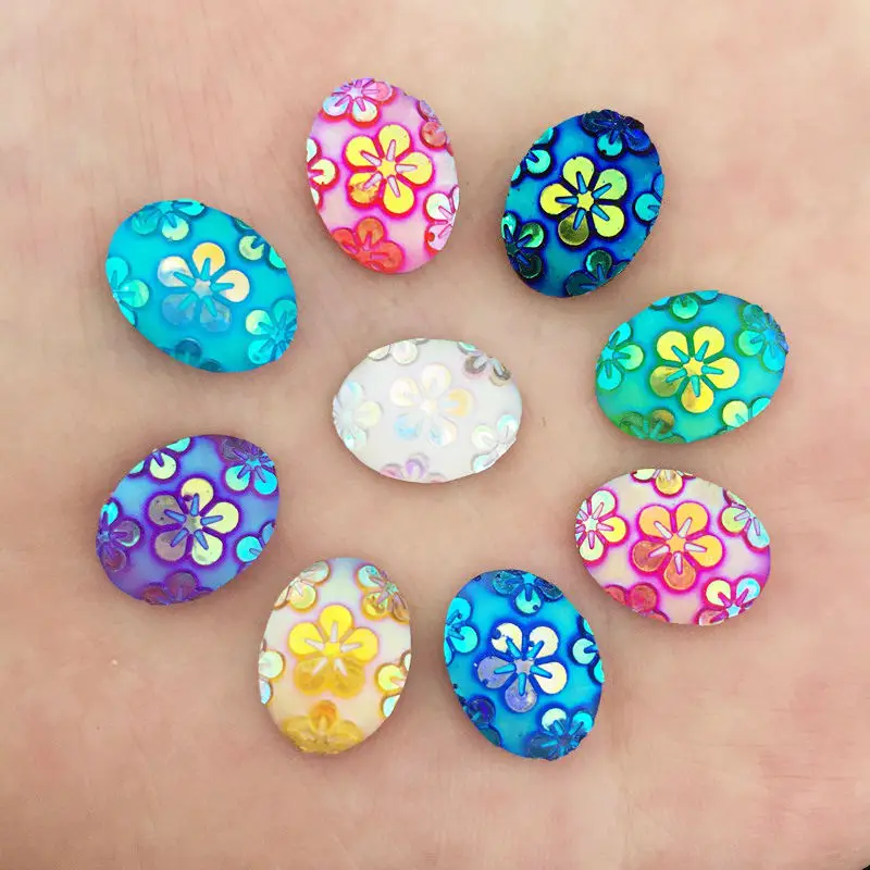 80pcs AB Resin 10*14mm Oval Flower Flat Back Rhinestone Appliques DIY Wedding Scrapbook Craft SD84A*2