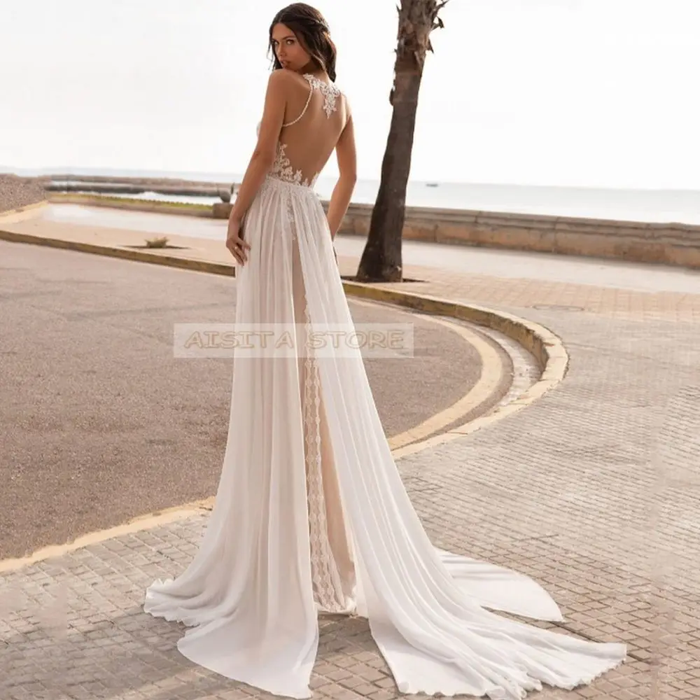 Bohemian Wedding Dresses customized Vintage Sleeveless Backless O-Neck Lace Bridal Gowns Vestido De Noiva Custom Bride Dress