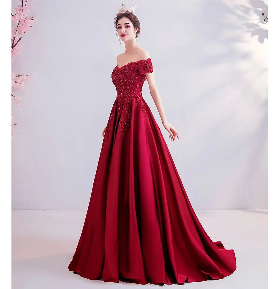 100% Real Pic Elegant Burgundy Evening Dresses 2020 Lace Applique Crystal Satin A Line Off Shoulder Long Prom Gowns Graduation