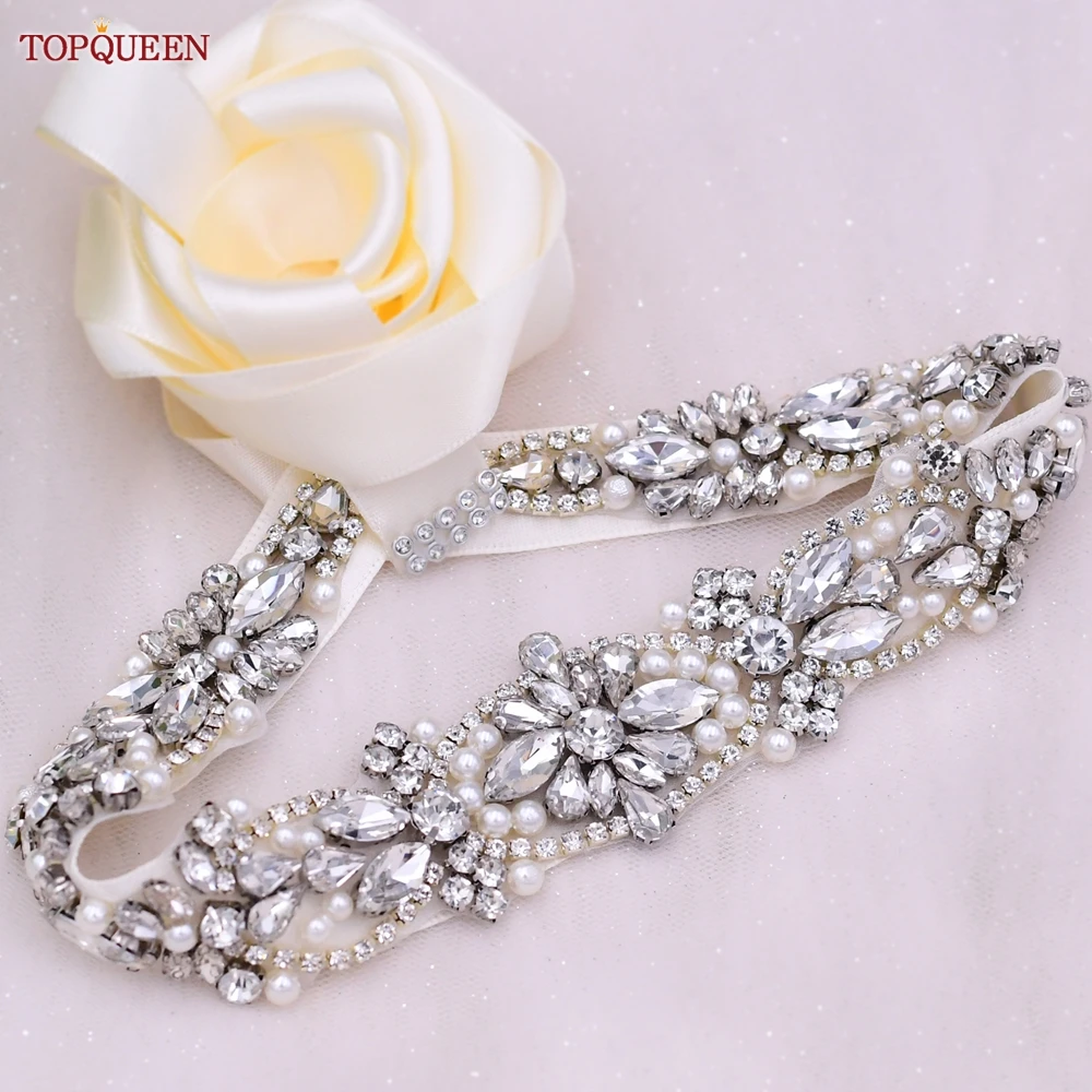 TOPQUEEN S442 New Style Bridal Belt Pearl Crystal Rhinestones Sashes Wedding Dress Sparkly Luxury Woman for Evening Party Dress