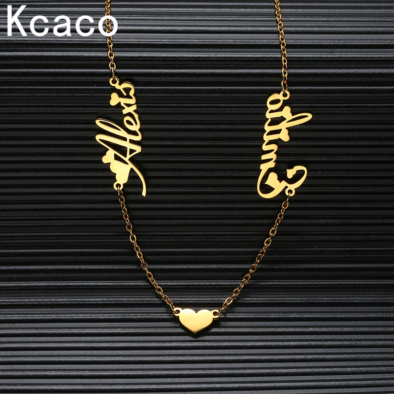 Customized Two Names One Heart Pendant Necklace Personalized Custom Stainless Steel Jewelry Arabic Choker with Letter for Women